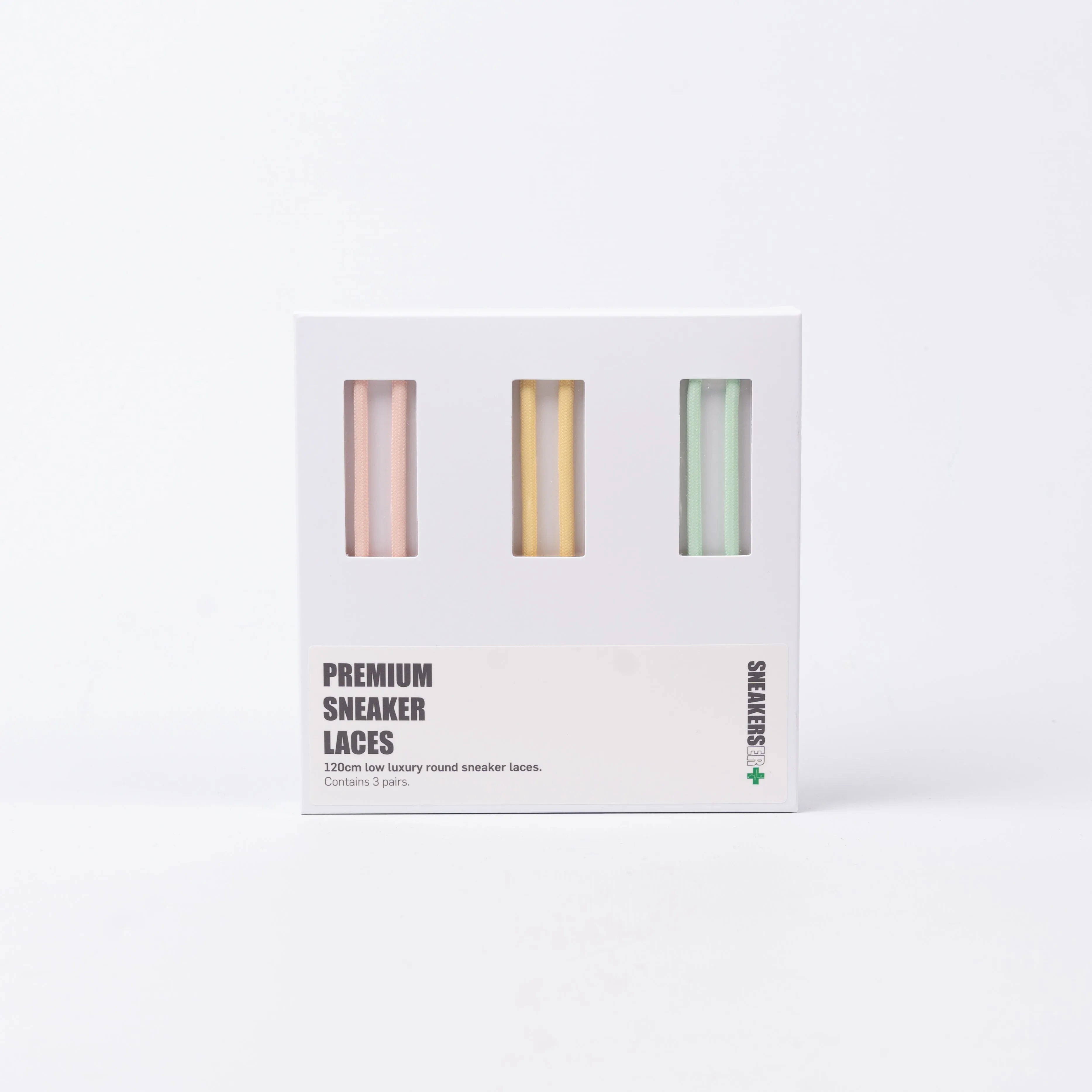 3 PACK GIFT BOX: LUXURY ROUND SNEAKER LACES (LOW'S) 120cm: PASTEL PINK, YELLOW & GREEN