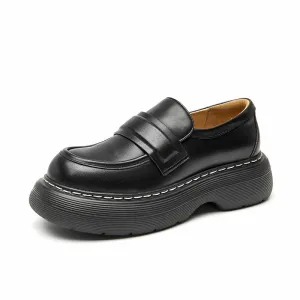 BeauToday Handmade Cow Leather Round Toe Chunky Heeled Loafers for women