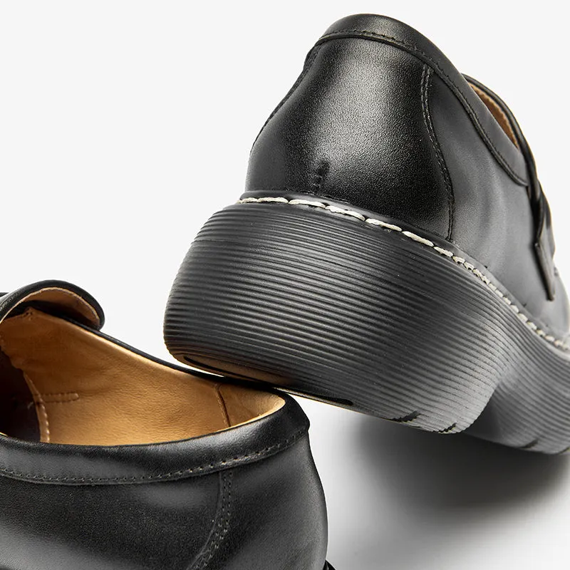BeauToday Handmade Cow Leather Round Toe Chunky Heeled Loafers for women