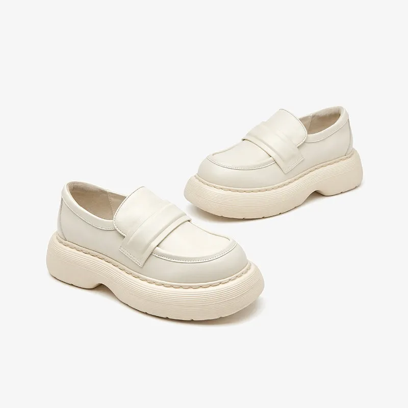 BeauToday Handmade Cow Leather Round Toe Chunky Heeled Loafers for women