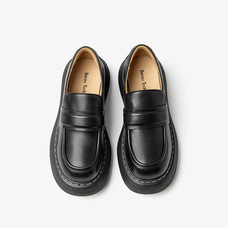 BeauToday Handmade Cow Leather Round Toe Chunky Heeled Loafers for women