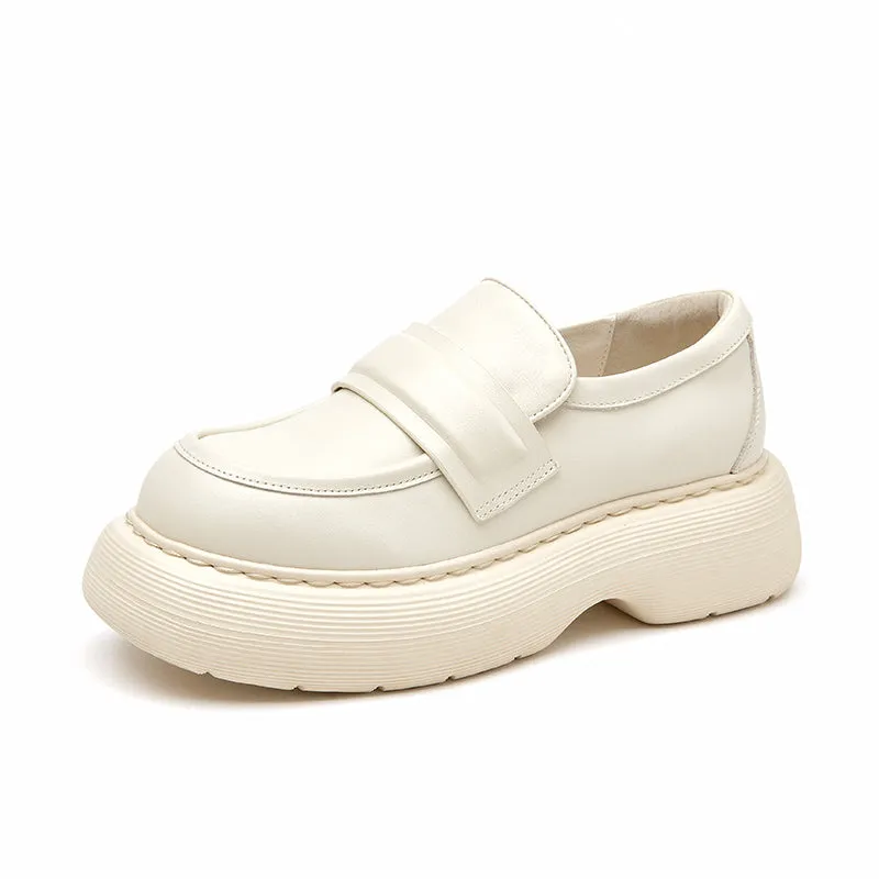 BeauToday Handmade Cow Leather Round Toe Chunky Heeled Loafers for women