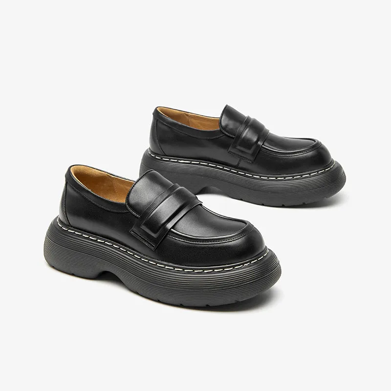 BeauToday Handmade Cow Leather Round Toe Chunky Heeled Loafers for women