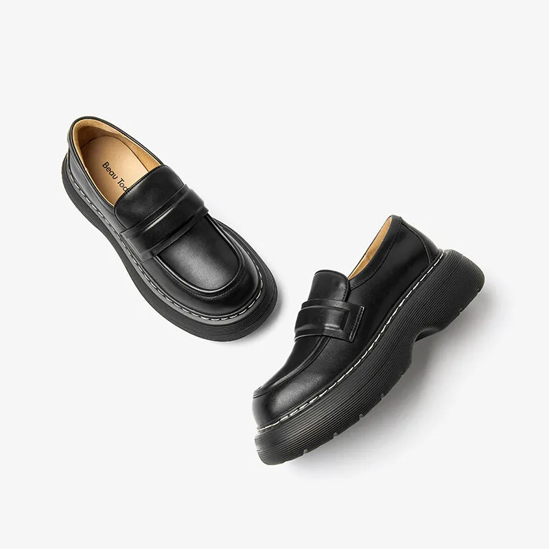BeauToday Handmade Cow Leather Round Toe Chunky Heeled Loafers for women