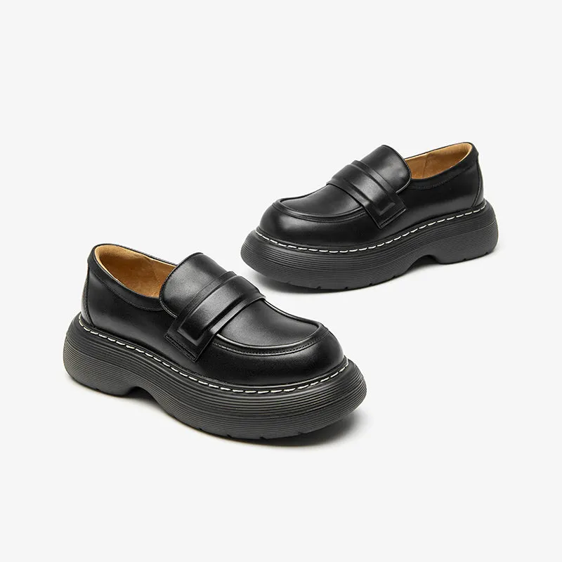 BeauToday Handmade Cow Leather Round Toe Chunky Heeled Loafers for women