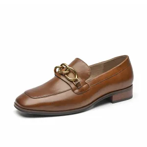 BeauToday Leather Loafers for Women with Metal Chain Decor