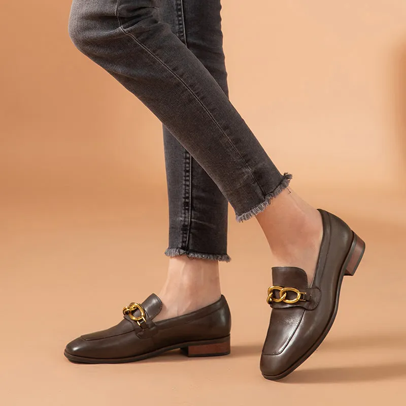 BeauToday Leather Loafers for Women with Metal Chain Decor