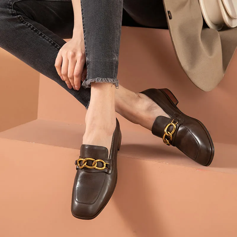 BeauToday Leather Loafers for Women with Metal Chain Decor