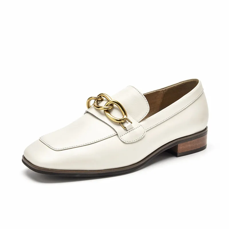 BeauToday Leather Loafers for Women with Metal Chain Decor
