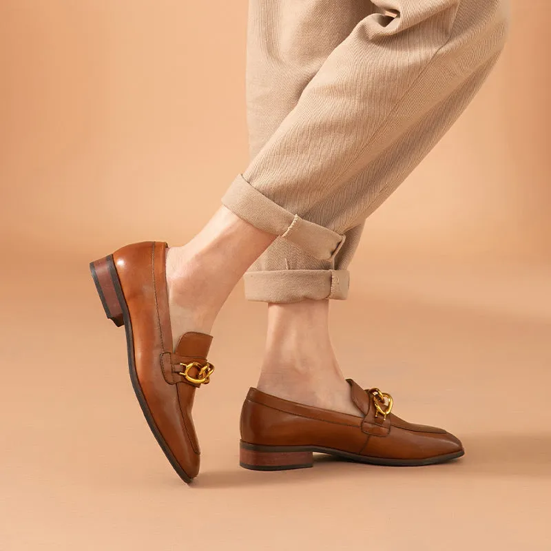 BeauToday Leather Loafers for Women with Metal Chain Decor
