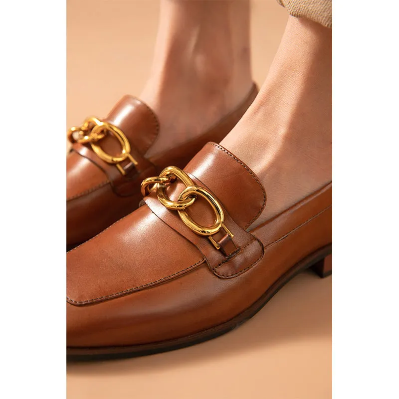 BeauToday Leather Loafers for Women with Metal Chain Decor