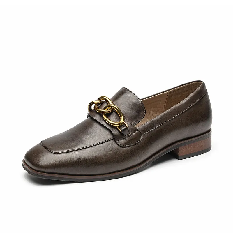 BeauToday Leather Loafers for Women with Metal Chain Decor