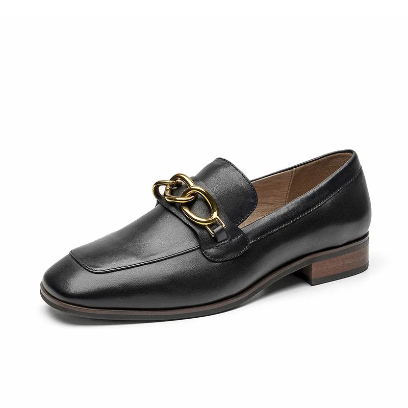 BeauToday Leather Loafers for Women with Metal Chain Decor