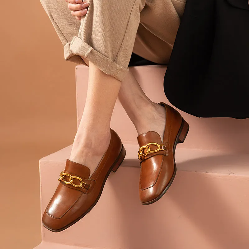 BeauToday Leather Loafers for Women with Metal Chain Decor