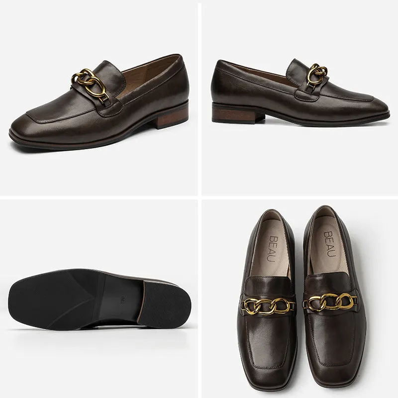 BeauToday Leather Loafers for Women with Metal Chain Decor