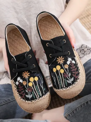 Cactus Rose | Garden Embroidered Linen Boat Shoes Espadrilles - Black