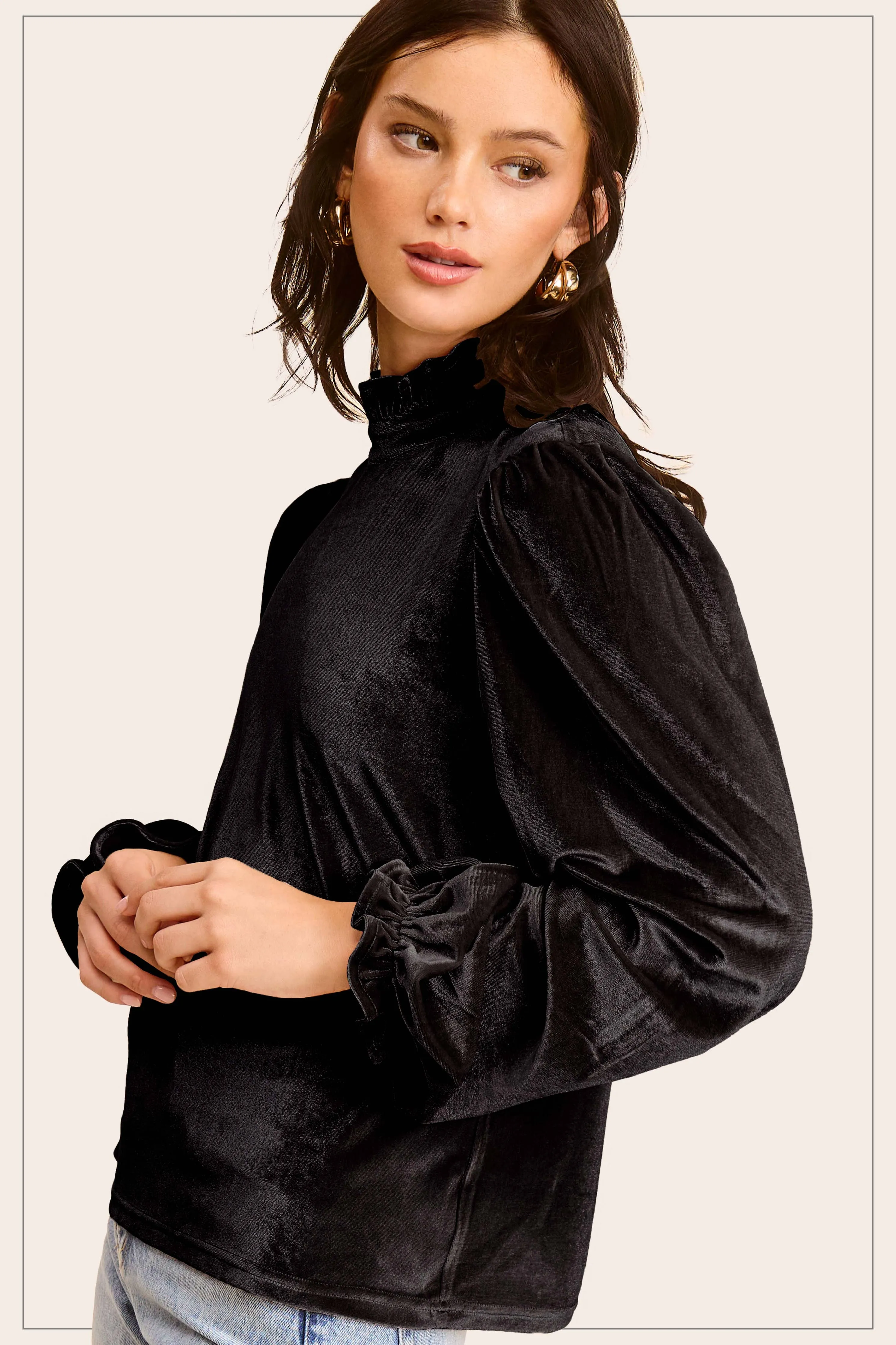 Emerald Soft Velvet Long Puff Sleeve Blouse Holiday Top