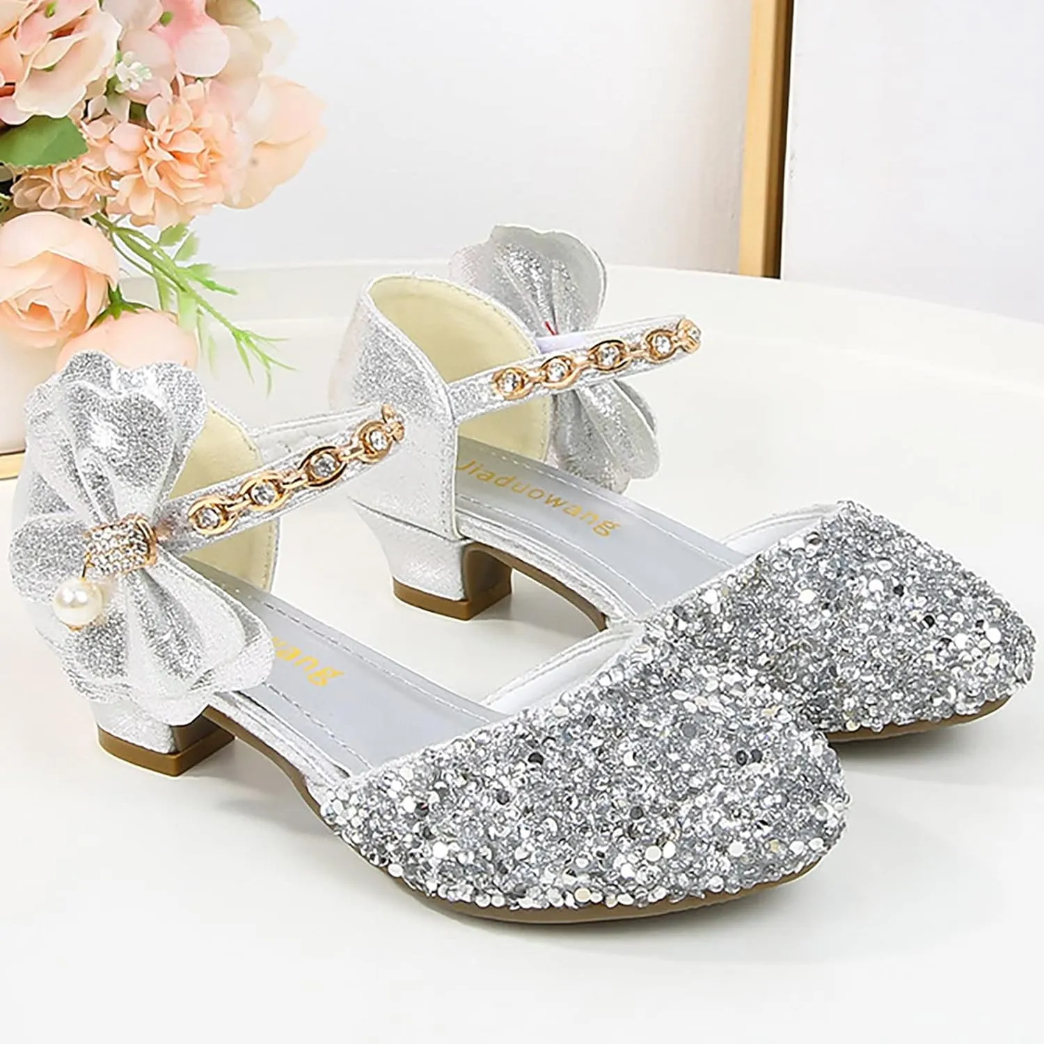 Girls Low Heel Sparkly Dress Shoes Mary Jane Flower Girls Wedding Birthday Par??y Dress Shoes for Little/Big Kids