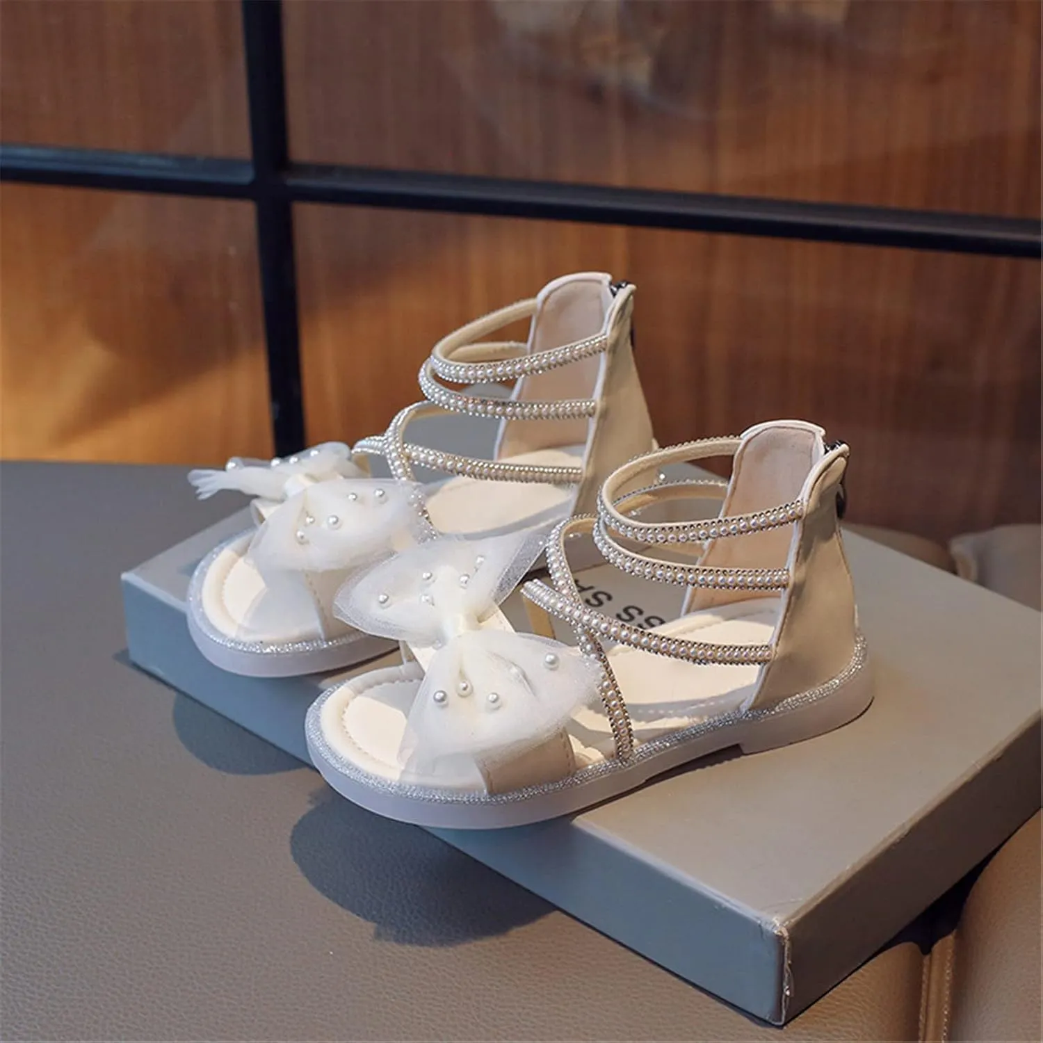 Girls Mary Jane Shoes Lace Bow Sandals Ballet Flat Pearls Mary Jane Wedding Ankle Strap Summer Dress ay Shoes