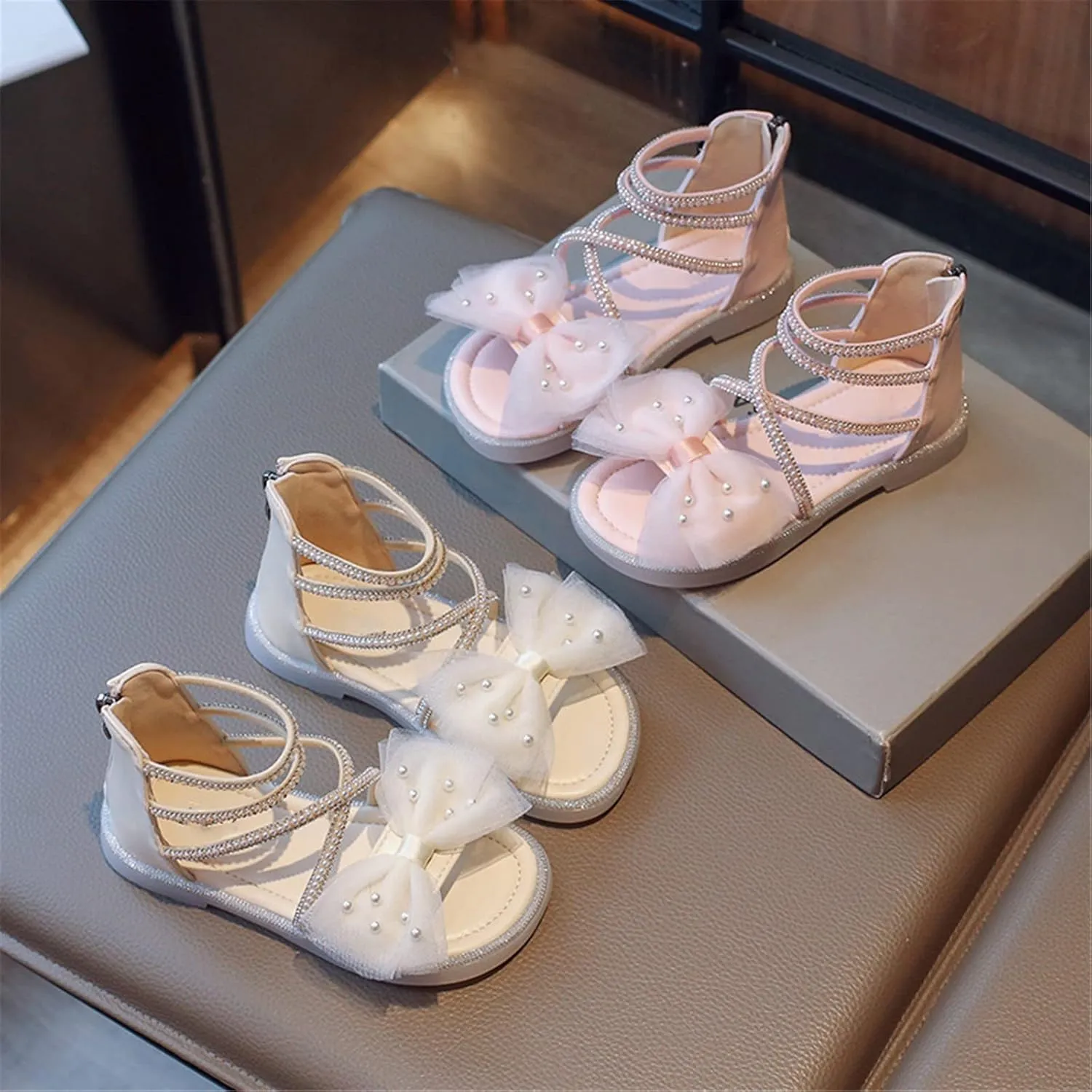 Girls Mary Jane Shoes Lace Bow Sandals Ballet Flat Pearls Mary Jane Wedding Ankle Strap Summer Dress ay Shoes