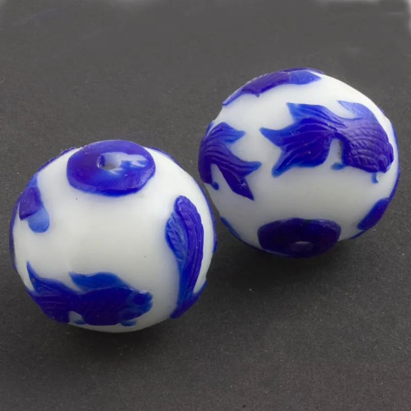 Hand carved bead cobalt blue goldfish on milk white glass round 28mm pkg of 1. b1-688