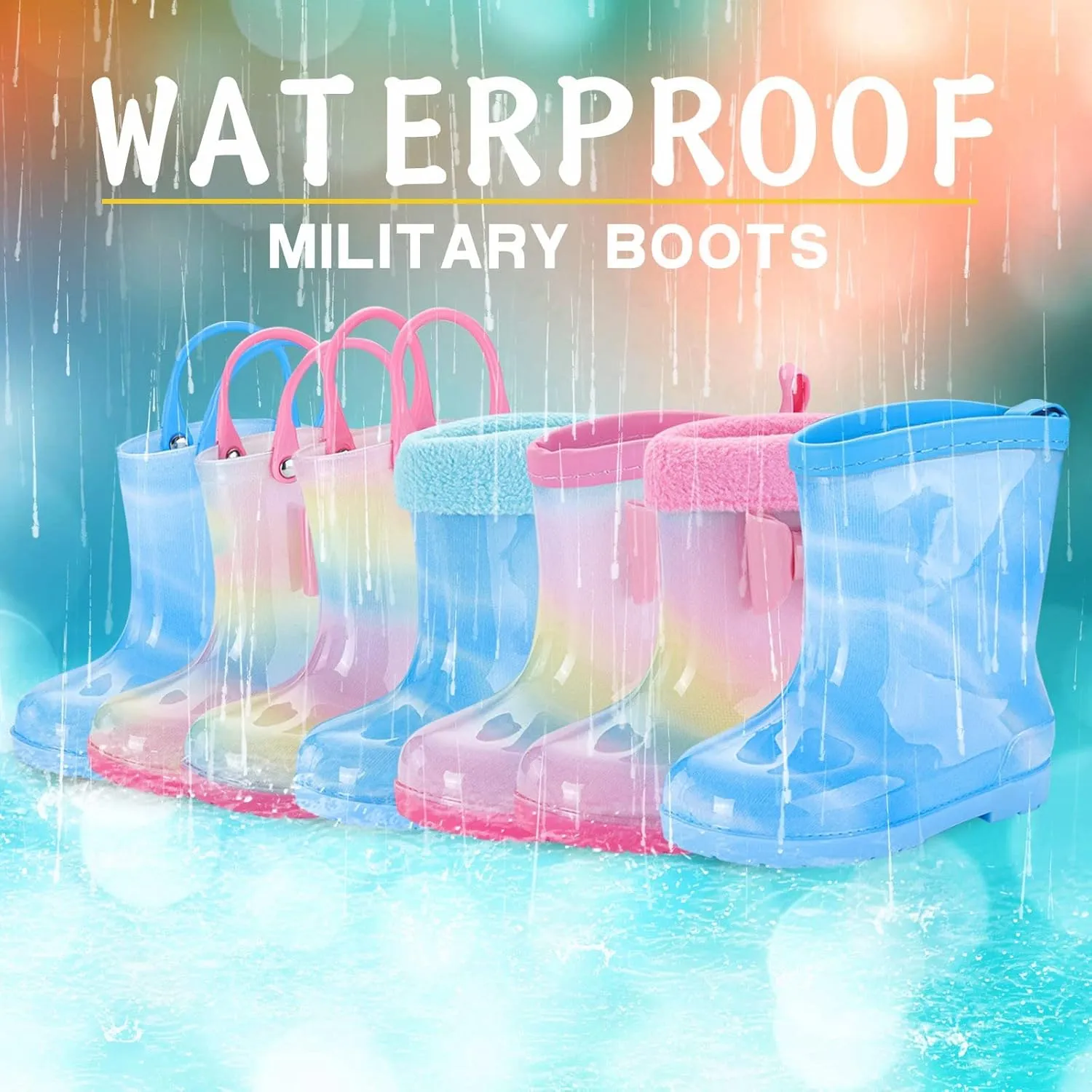 Kids Bow Rain Boots for Girls Toddler Waterproof Rubber Cute Rainbow Rain Shoes Lightweight Anti Slip Garden Boots