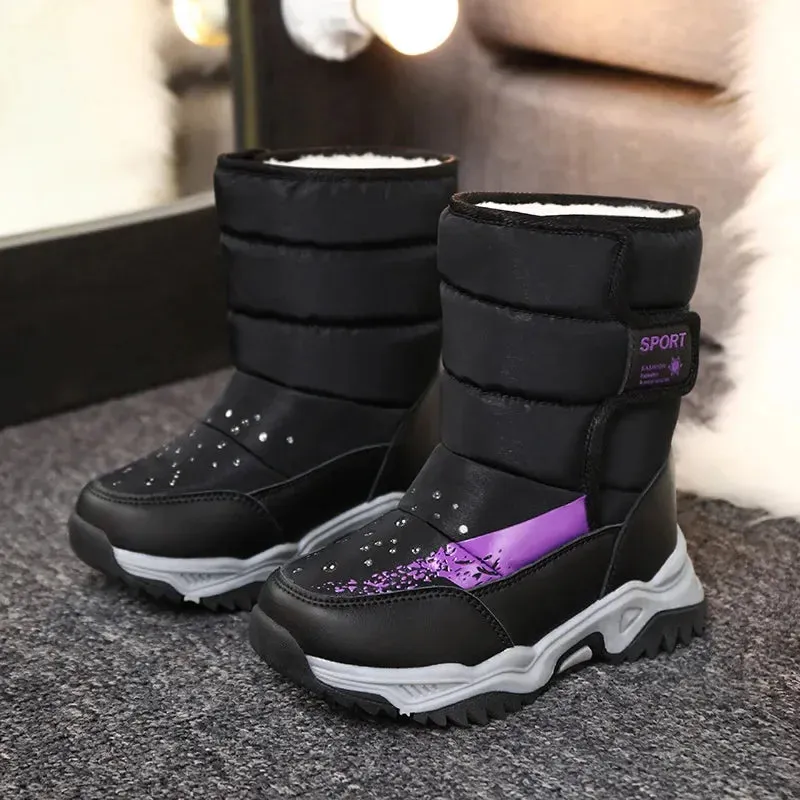 Kids Fleece-Lined and Thickened Warm Cotton Shoes Waterproof Midsize and Large Boys and Girls Snow Boots Footwear Children's