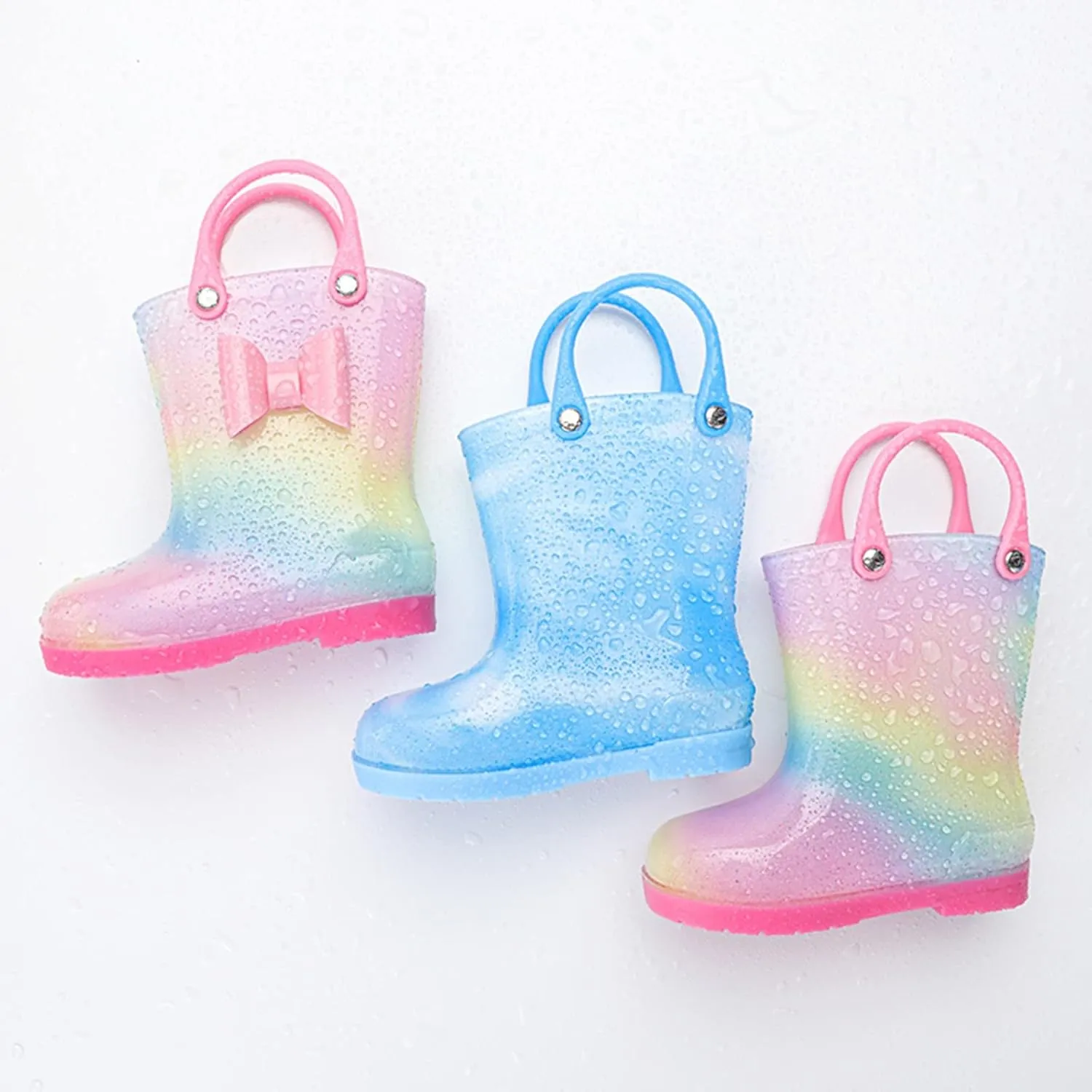 Kids Tie Dye Waterproof Rain Boot with Pull on Handles Toddler Girls Bow Rain Boots Rubber Boots Cute Water Shoes