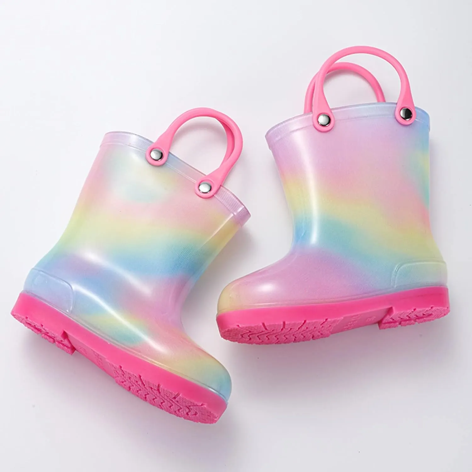 Kids Tie Dye Waterproof Rain Boot with Pull on Handles Toddler Girls Bow Rain Boots Rubber Boots Cute Water Shoes