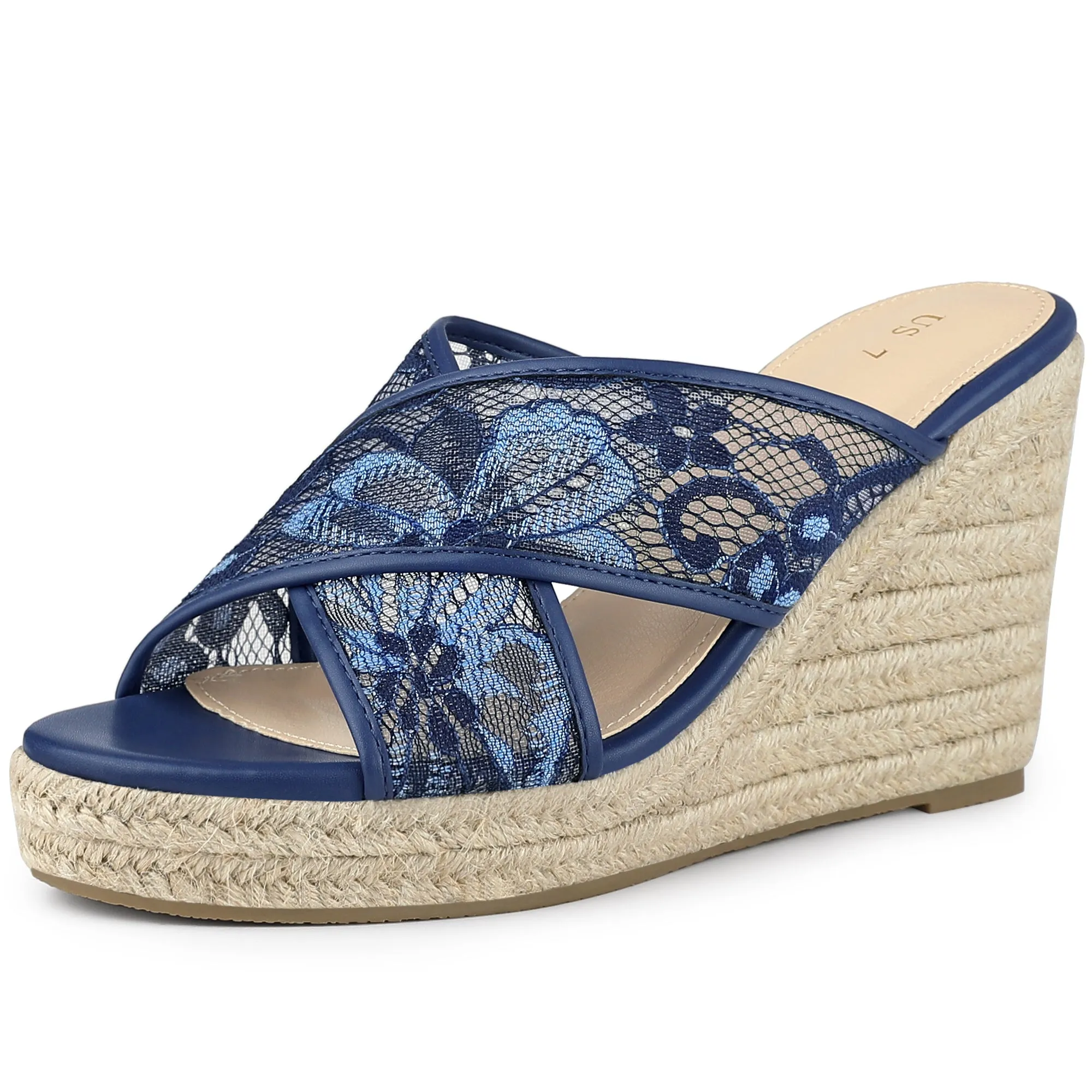 Lace Crisscross Strap Slide Wedge Espadrilles Sandals