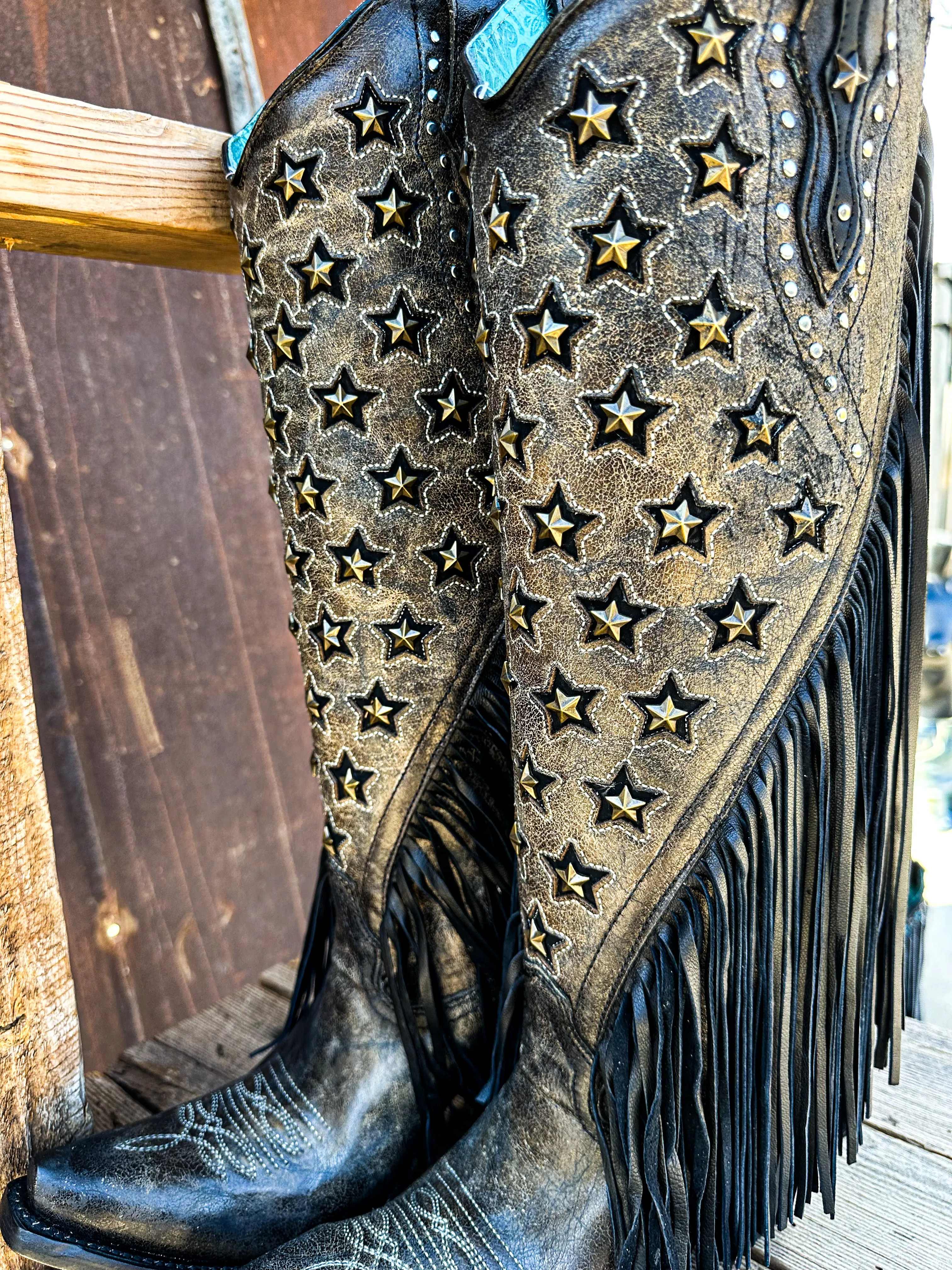 LD Black Stars Inlay & Embroidery & Fringe Corral Boot