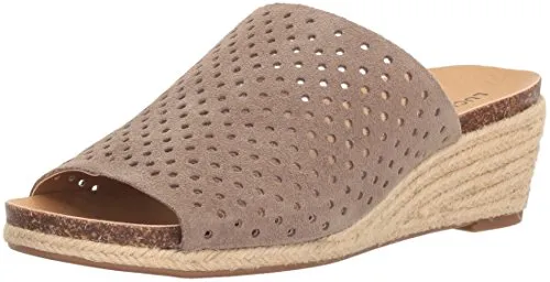 Lucky Brand Jemya Brindle Suede Perforated Open Toe Low Wedge Perforated Mule