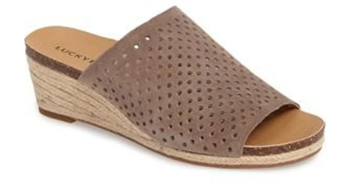 Lucky Brand Jemya Brindle Suede Perforated Open Toe Low Wedge Perforated Mule