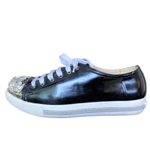 MIU MIU Black Patent Leather Crystal Embellished Lace Up Sneaker, Size 37