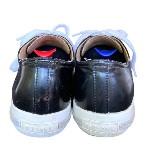 MIU MIU Black Patent Leather Crystal Embellished Lace Up Sneaker, Size 37