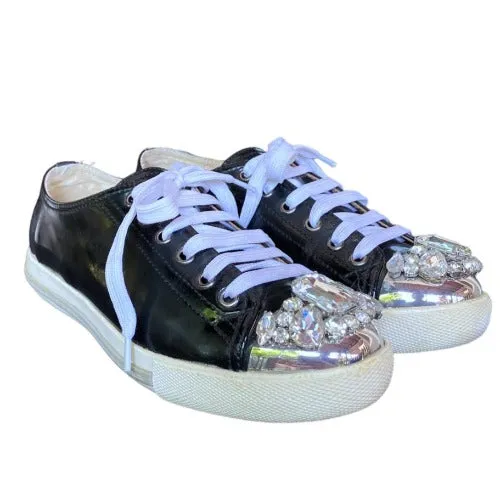 MIU MIU Black Patent Leather Crystal Embellished Lace Up Sneaker, Size 37