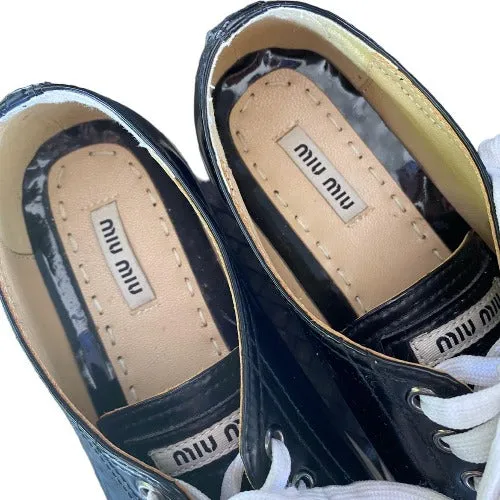 MIU MIU Black Patent Leather Crystal Embellished Lace Up Sneaker, Size 37