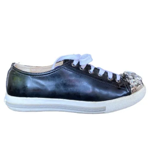 MIU MIU Black Patent Leather Crystal Embellished Lace Up Sneaker, Size 37
