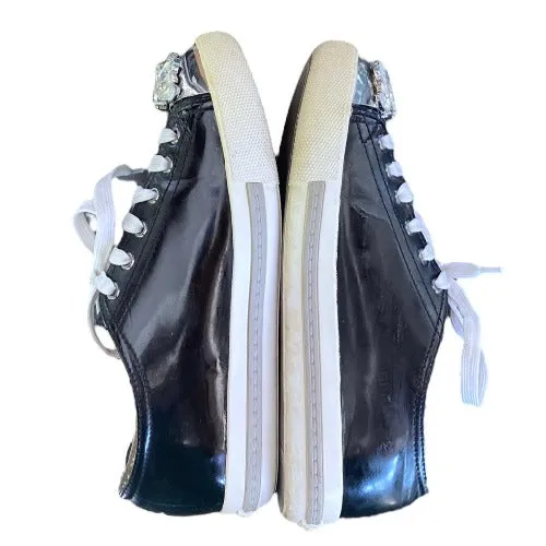 MIU MIU Black Patent Leather Crystal Embellished Lace Up Sneaker, Size 37