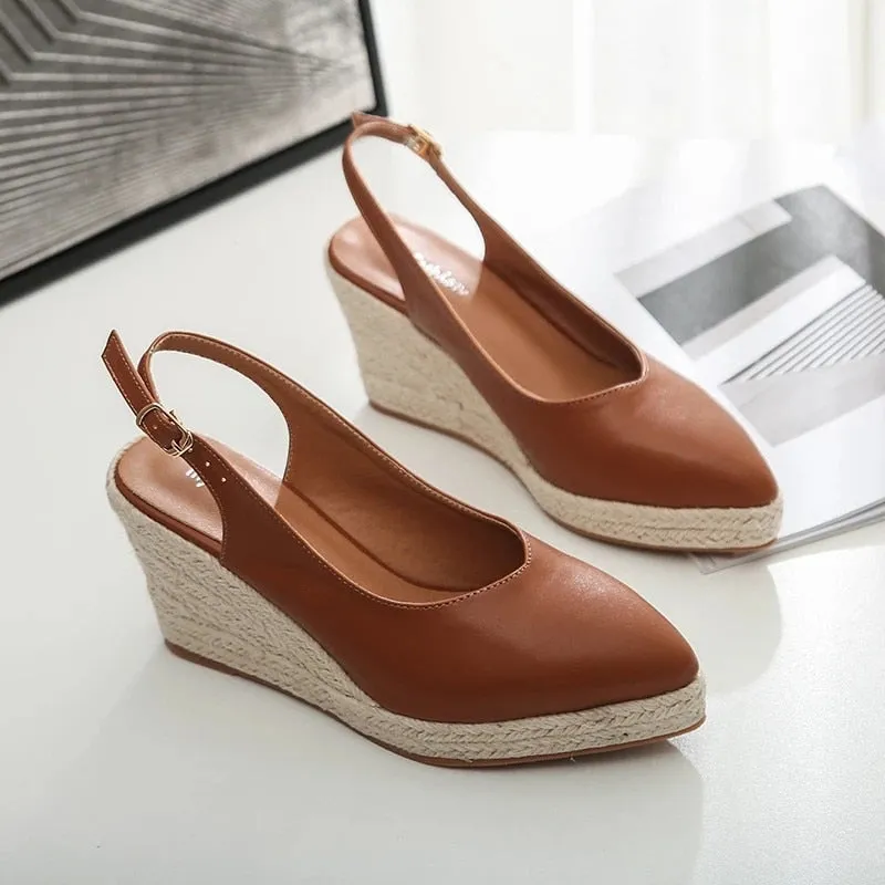 Purpdrank - Princess Kate's Same Leather Wedge Single Shoes Women's Shallow Mouth Espadrilles Spring and Autumn New Sandals HighHeel