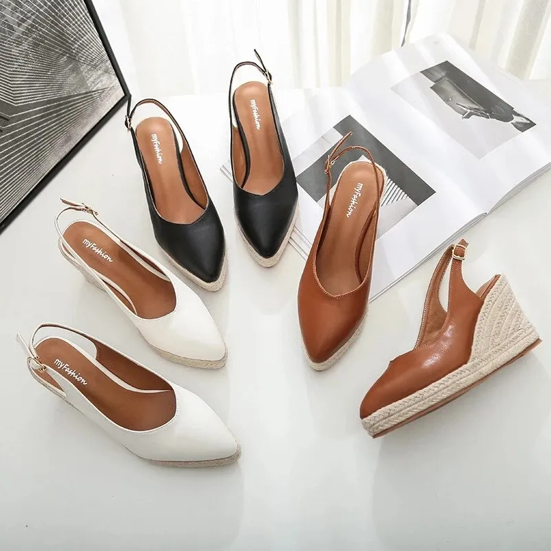 Purpdrank - Princess Kate's Same Leather Wedge Single Shoes Women's Shallow Mouth Espadrilles Spring and Autumn New Sandals HighHeel