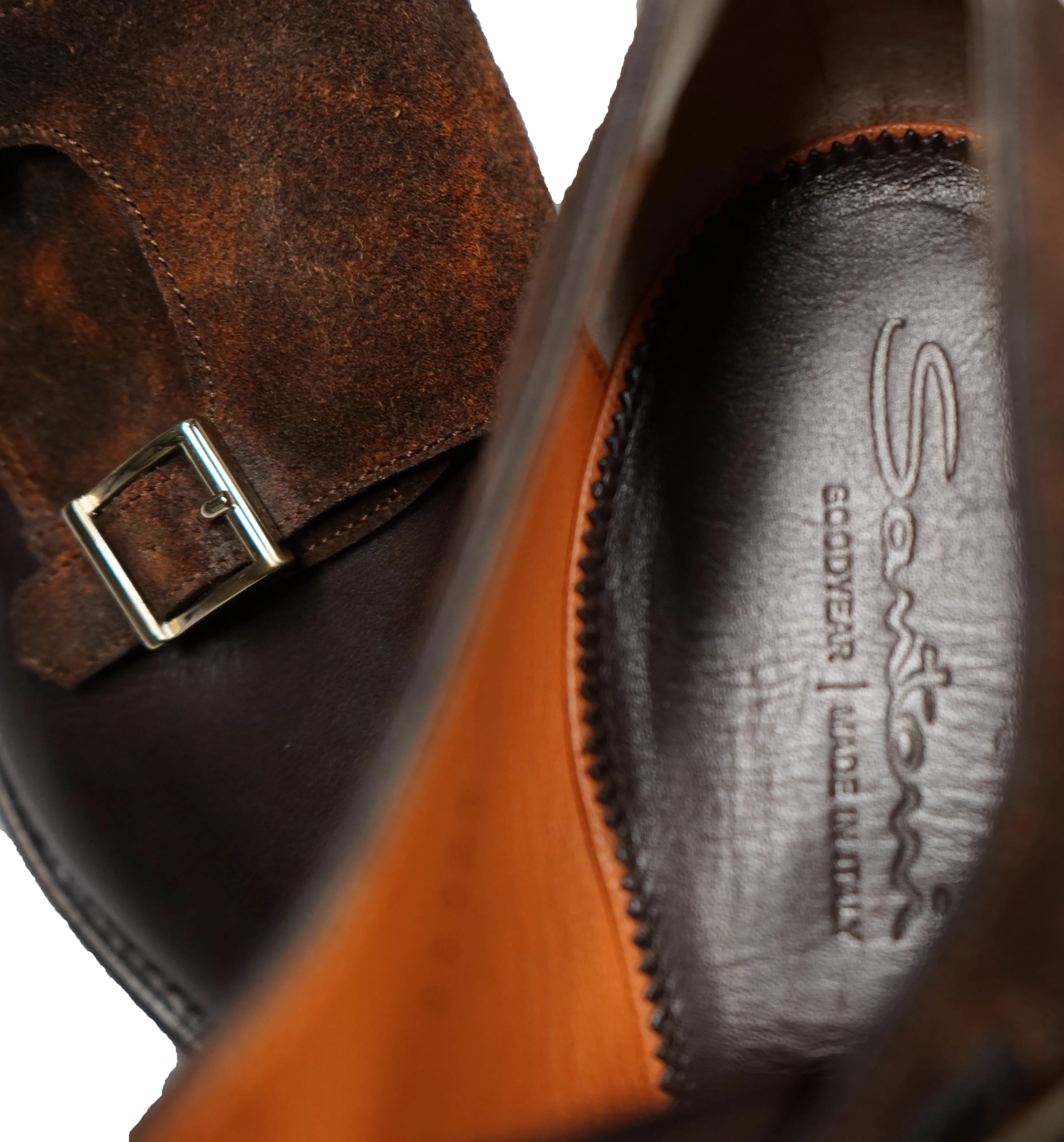 SANTONI - "GOODYEAR WELT” Museum Suede And Leather Monk Strap Loafers - 9.5
