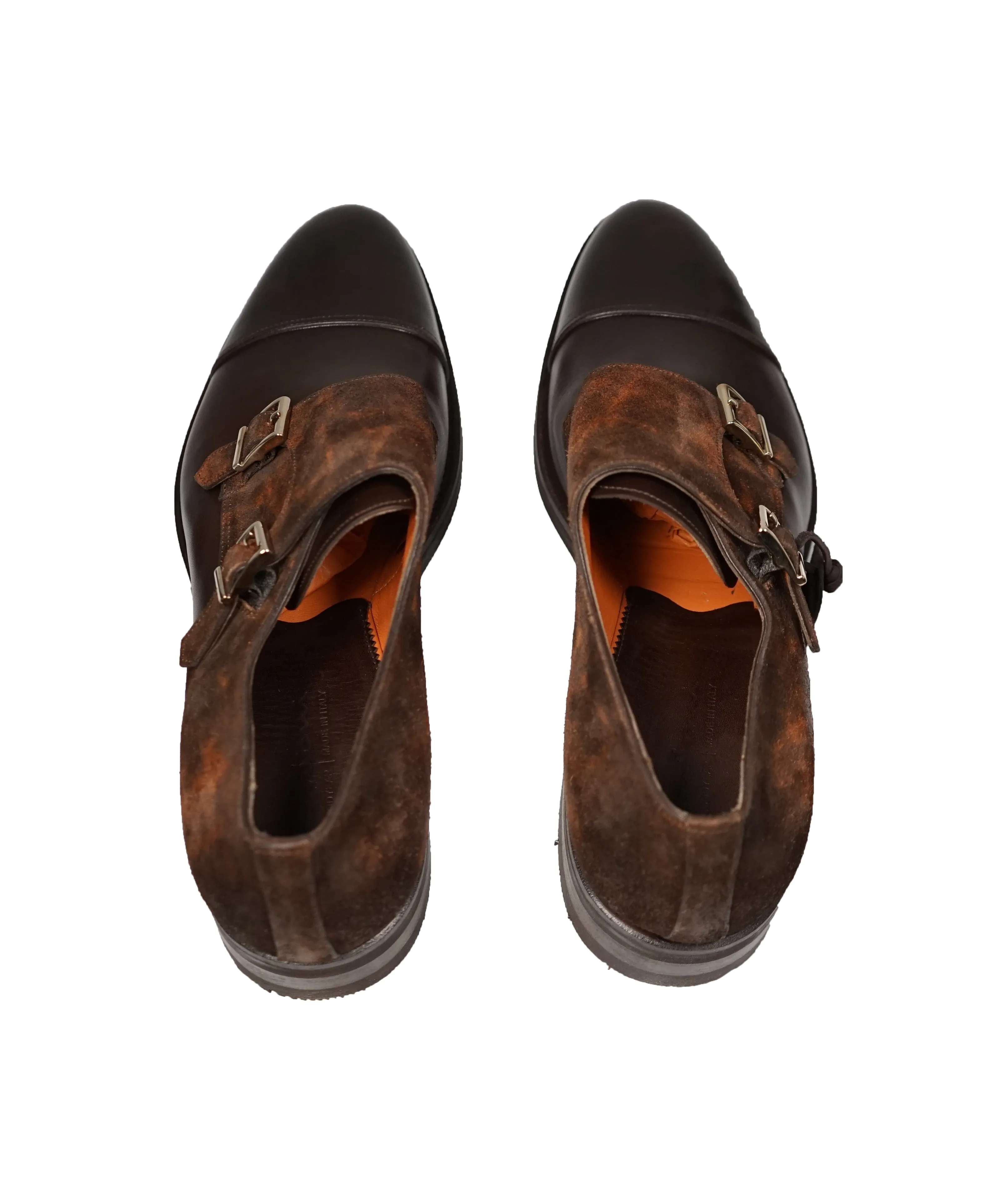 SANTONI - "GOODYEAR WELT” Museum Suede And Leather Monk Strap Loafers - 9.5