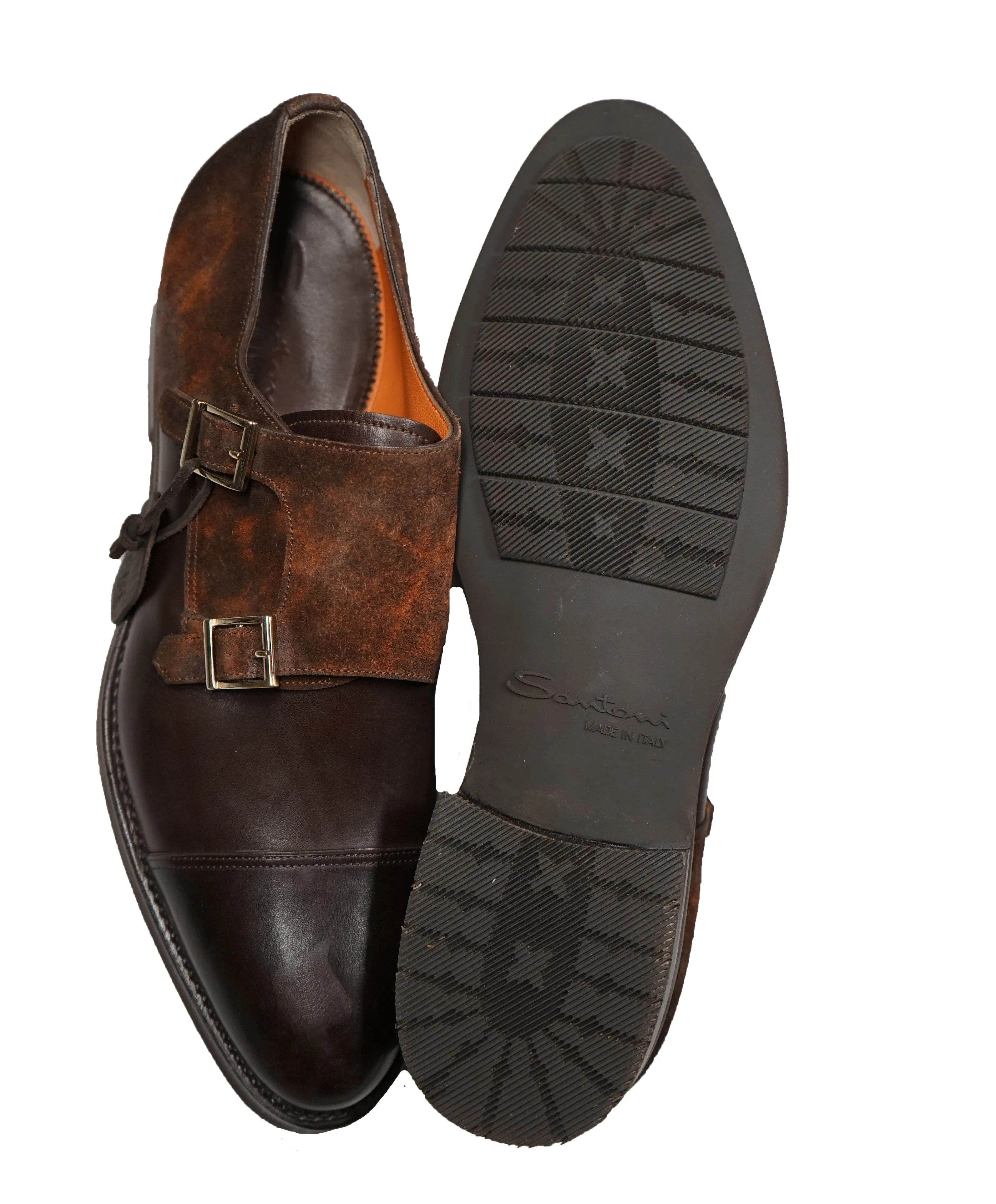 SANTONI - "GOODYEAR WELT” Museum Suede And Leather Monk Strap Loafers - 9.5