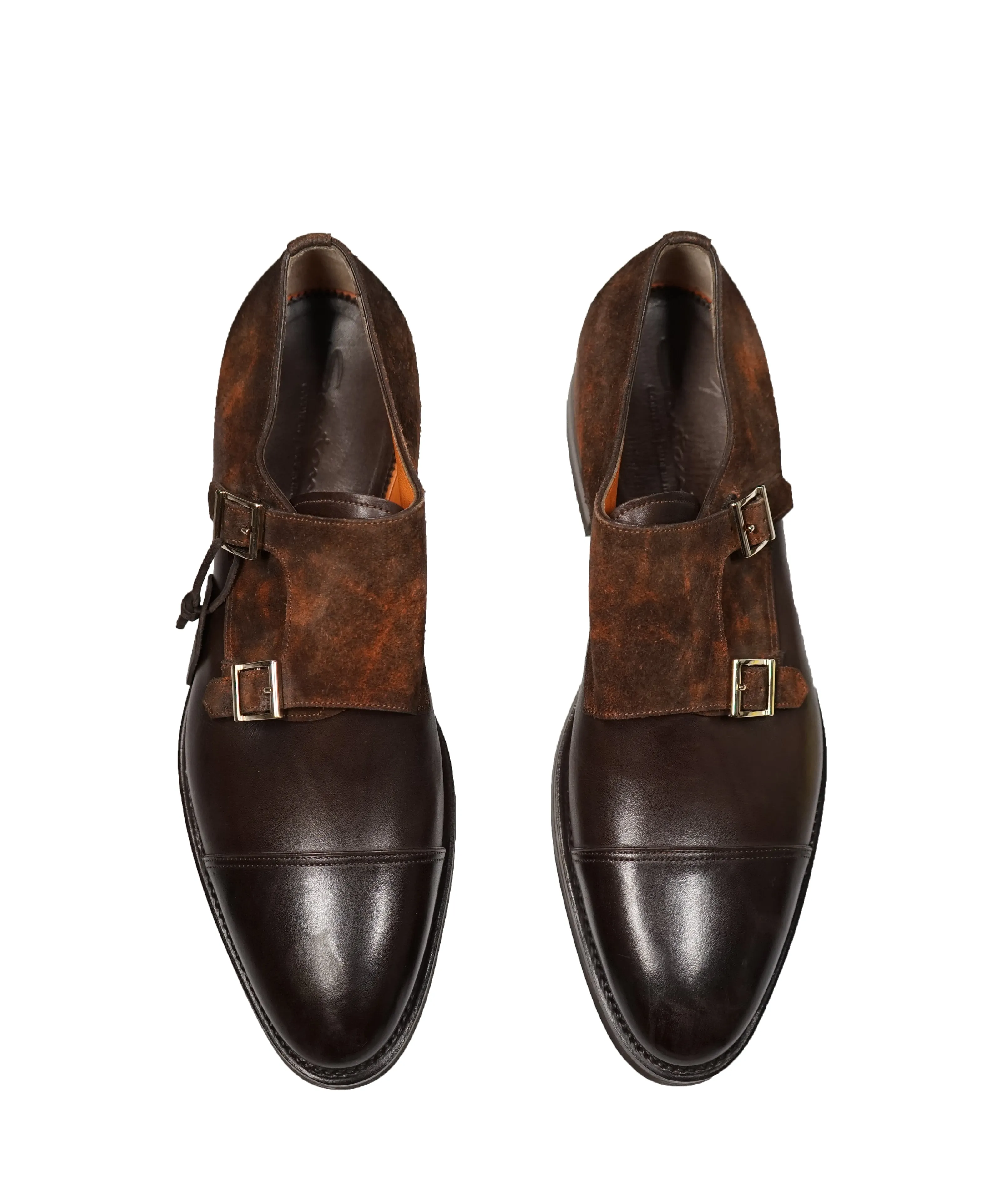 SANTONI - "GOODYEAR WELT” Museum Suede And Leather Monk Strap Loafers - 9.5