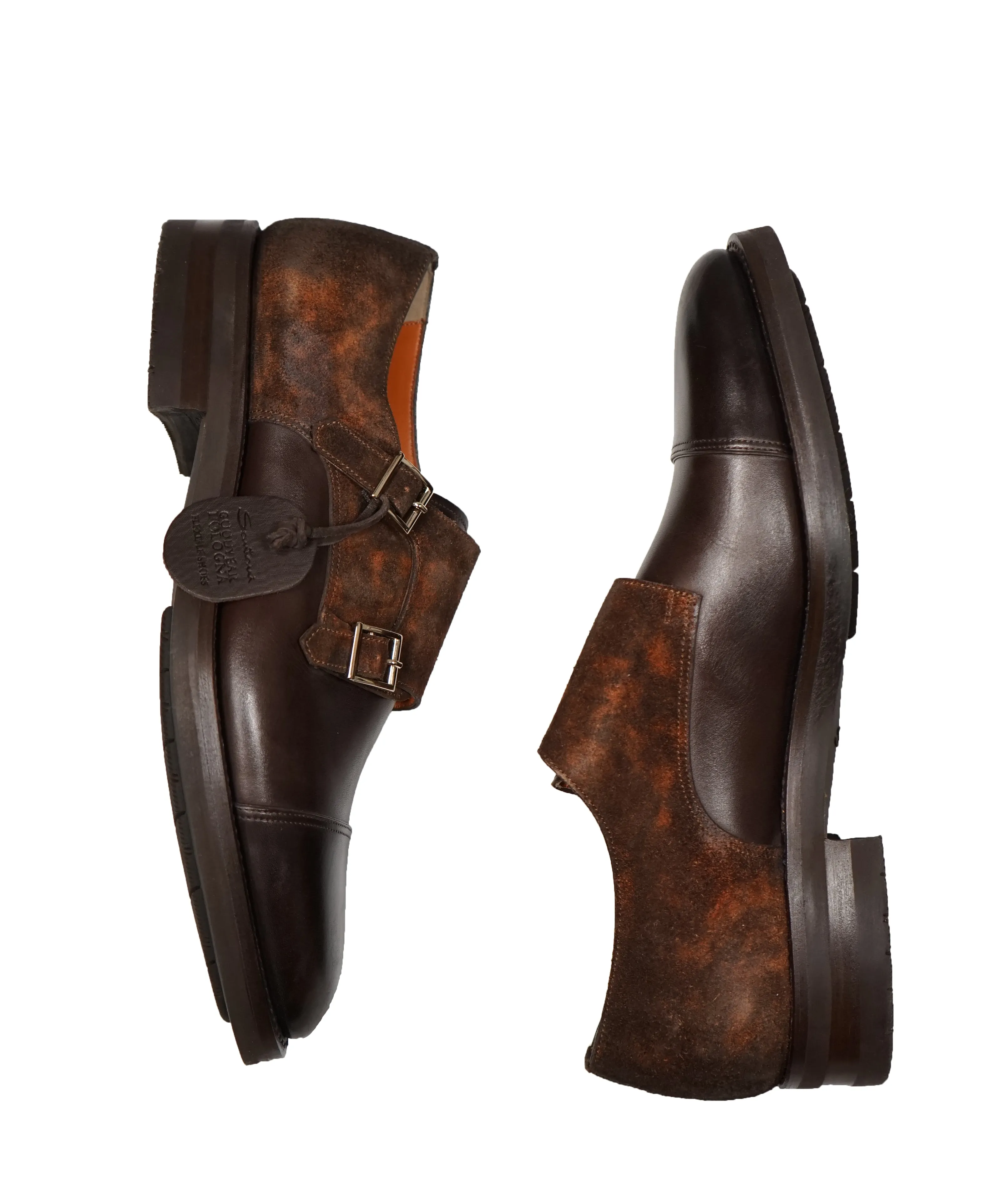 SANTONI - "GOODYEAR WELT” Museum Suede And Leather Monk Strap Loafers - 9.5