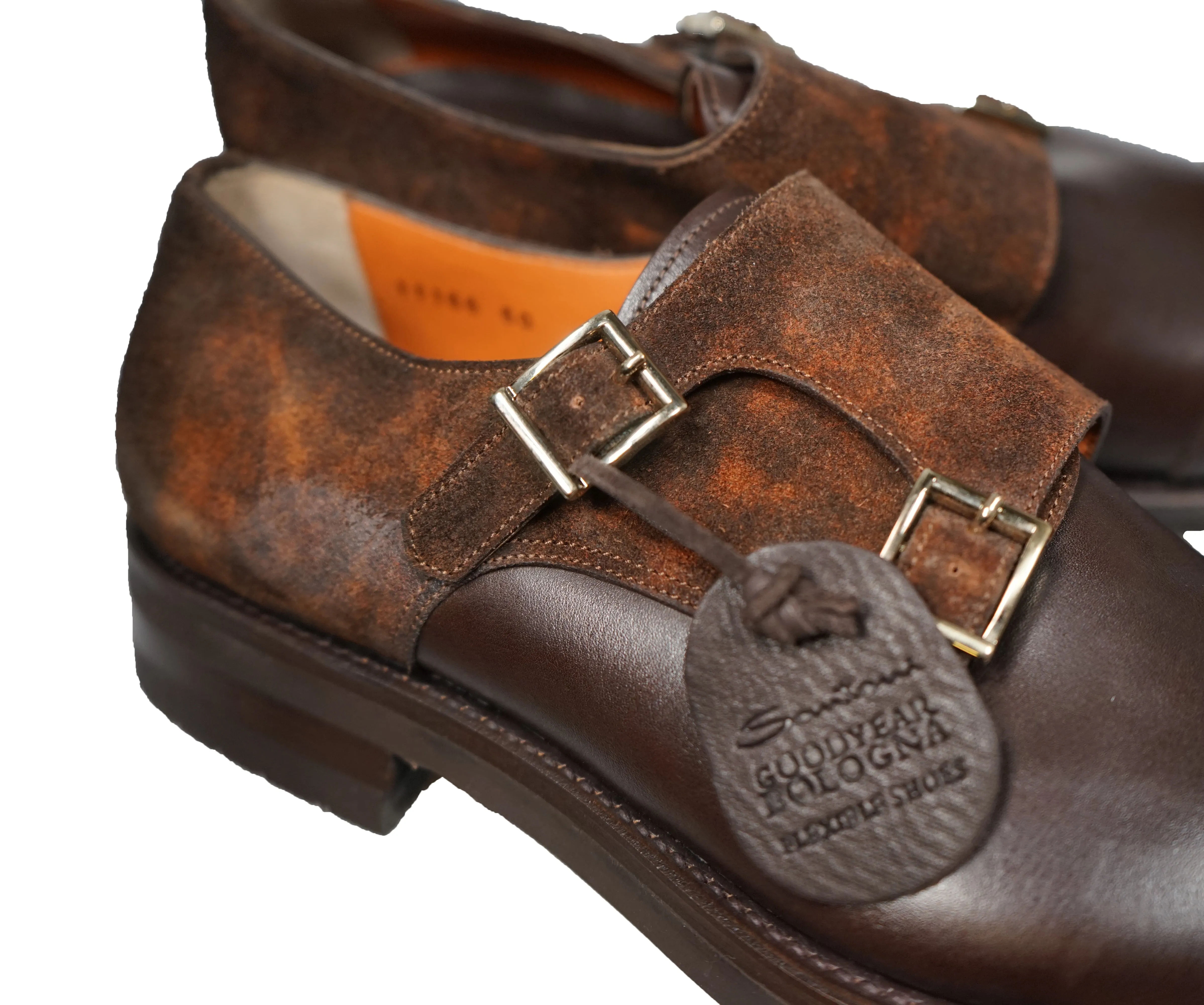 SANTONI - "GOODYEAR WELT” Museum Suede And Leather Monk Strap Loafers - 9.5