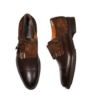 SANTONI - "GOODYEAR WELT” Museum Suede And Leather Monk Strap Loafers - 9.5