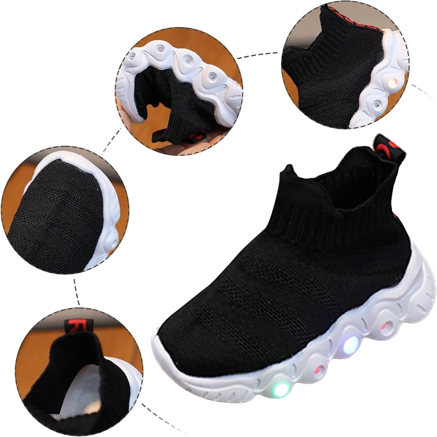 Toddler Kids Fashion Shiny Sneakers Light up Slip on Breathable Athletic Casual Shoes Boys Girls Walking Tennis Shoe with LED