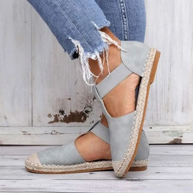 Women Round Toe Espadrilles Ankle Strap Linen Flat Sandals